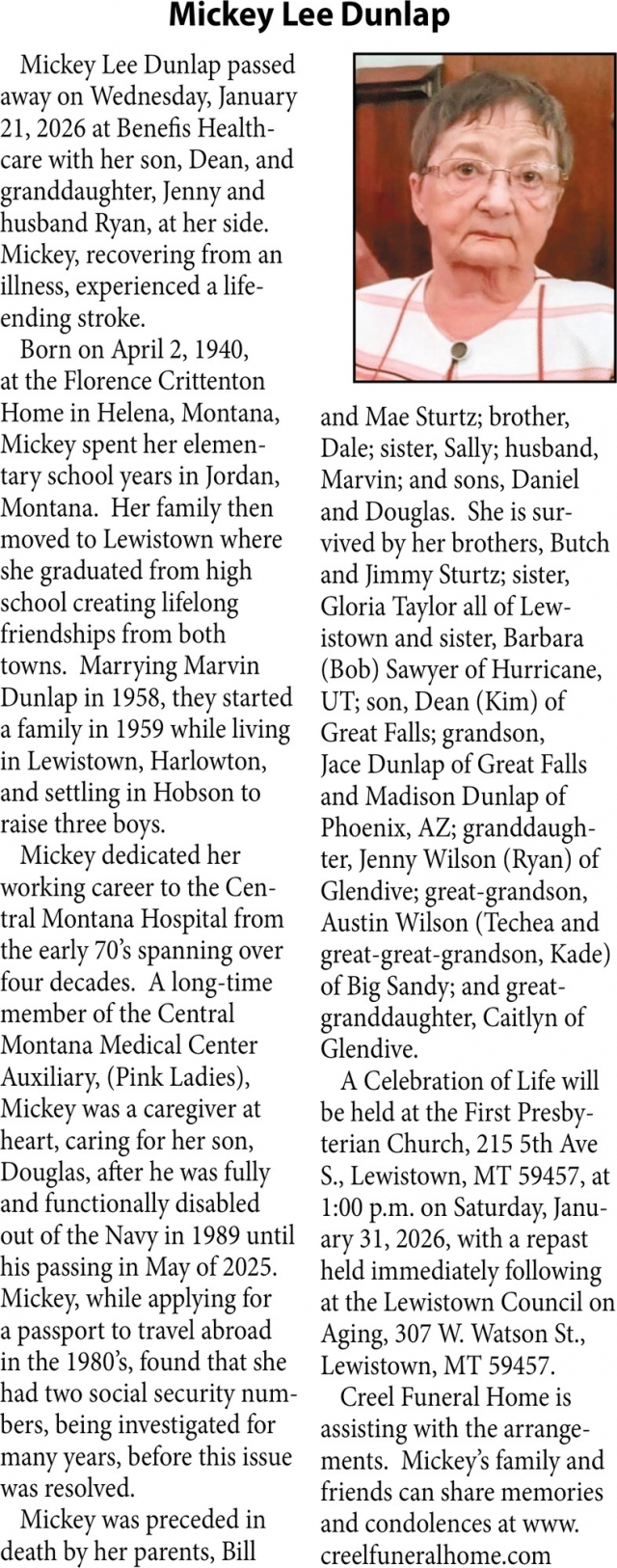 Mickey Lee Dunlap, Obituaries, Glendive, MT