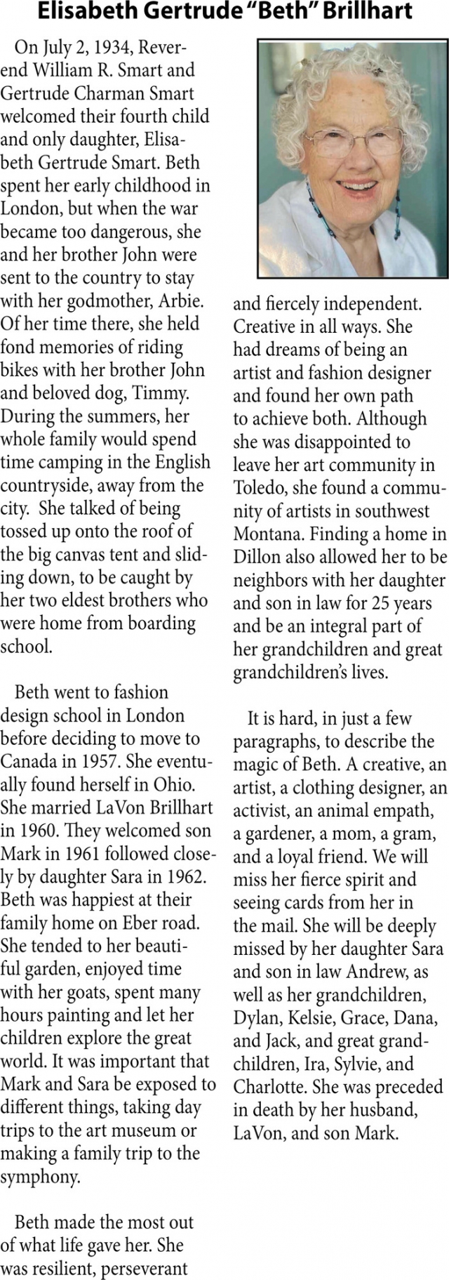Elisabeth Gertrude Brillhart, Obituaries, Glendive, MT