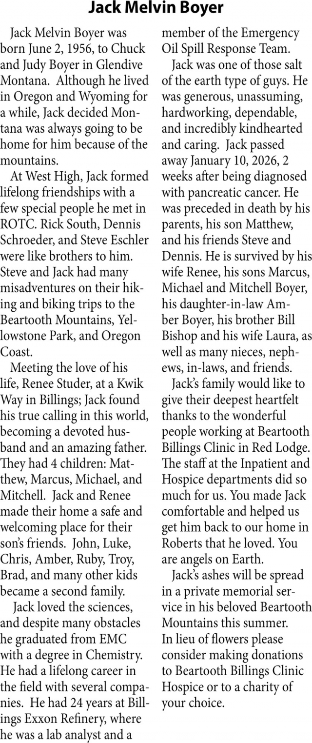 Jack Melvin Boyer, Obituaries, Glendive, MT