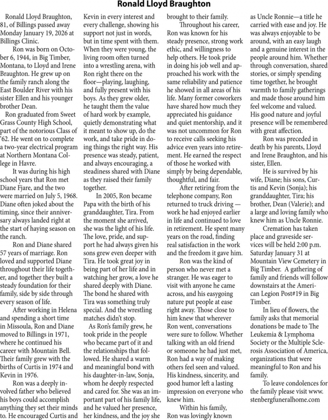 Ronald Lloyd Braughton, Obituaries, Glendive, MT