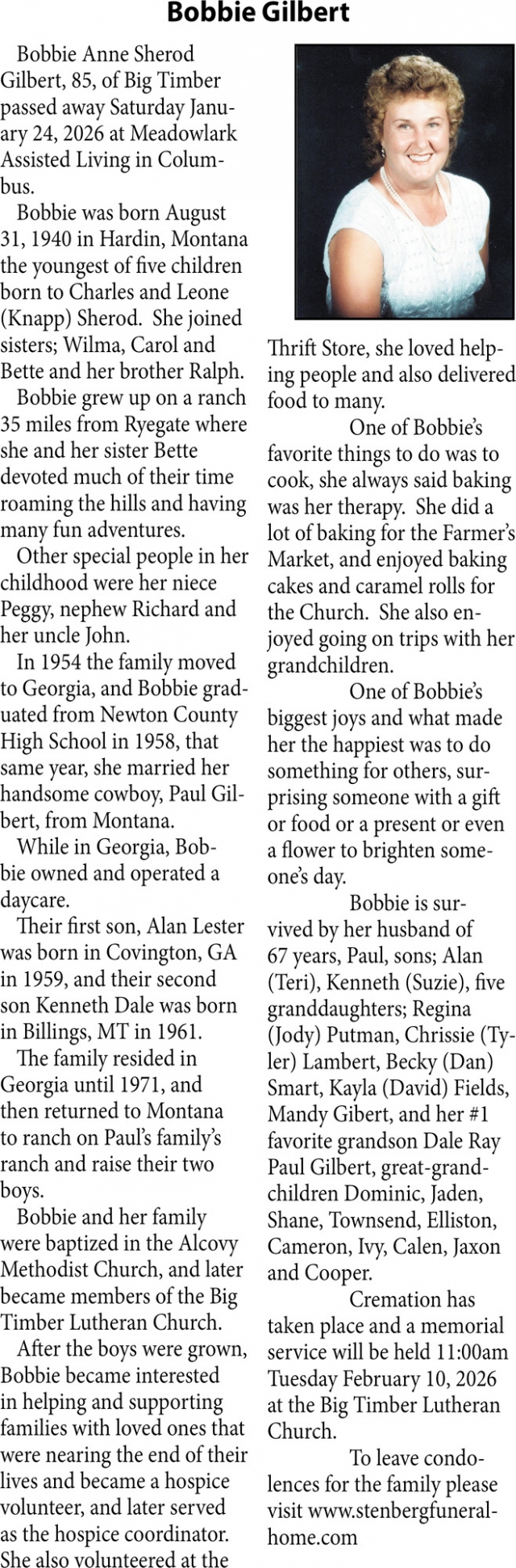 Bobbie Gilbert, Obituaries, Glendive, MT