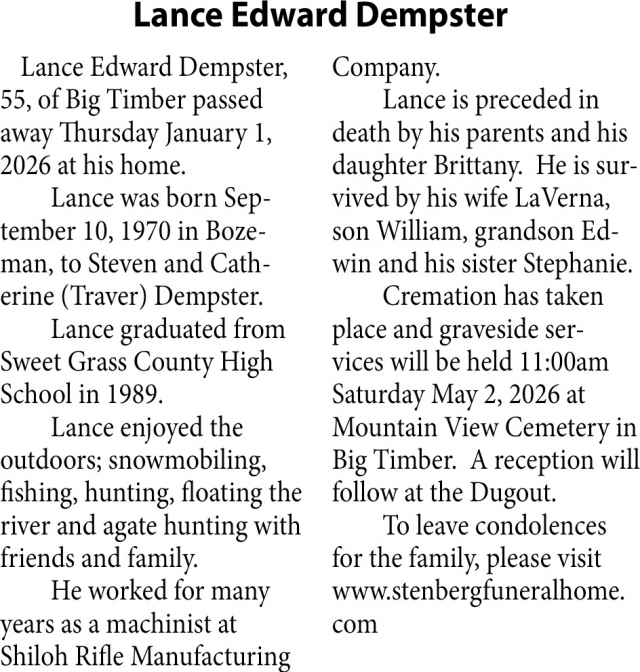 Lance Edward Dempster, Obituaries, Glendive, MT