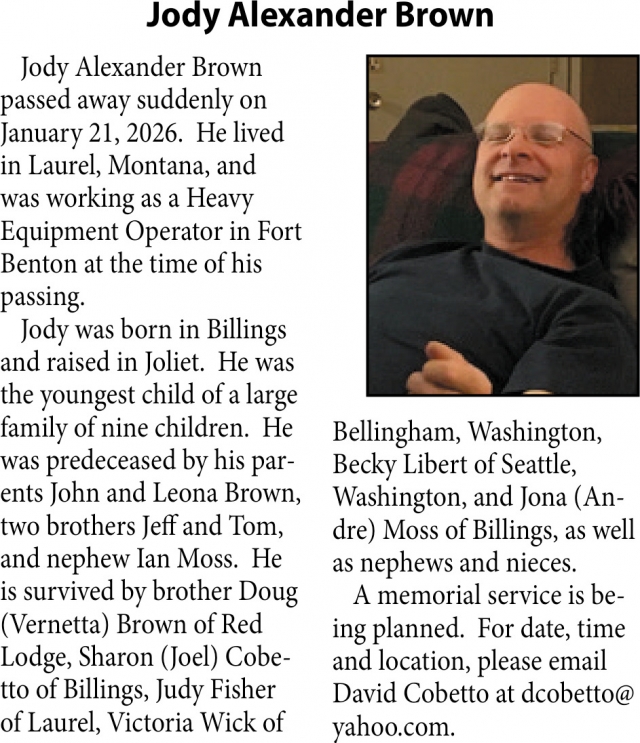 Jody Alexander Brown, Obituaries, Glendive, MT