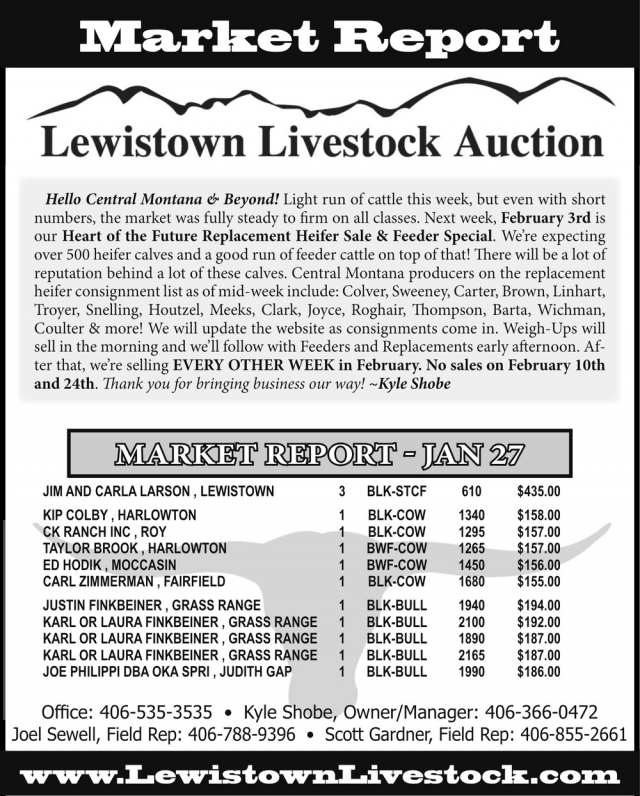 Market Report, Lewistown Livestock Auction, Lewistown, MT