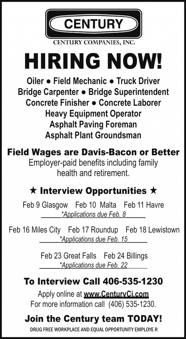 Hiring Now!, Century Companies, Inc, Lewistown, MT