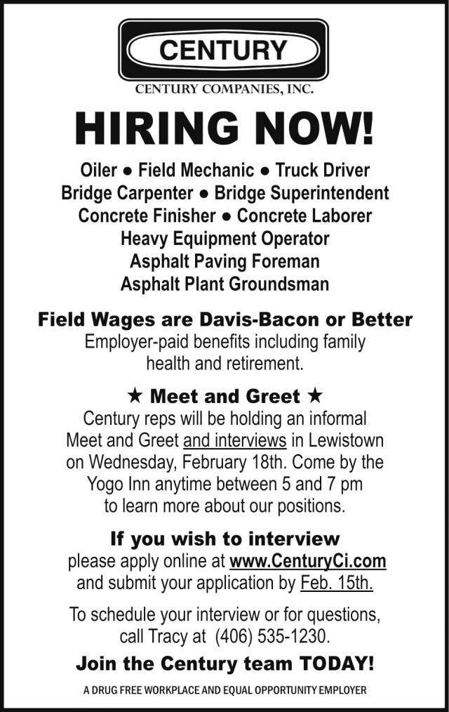 Hiring Now!, Century Companies, Inc, Lewistown, MT