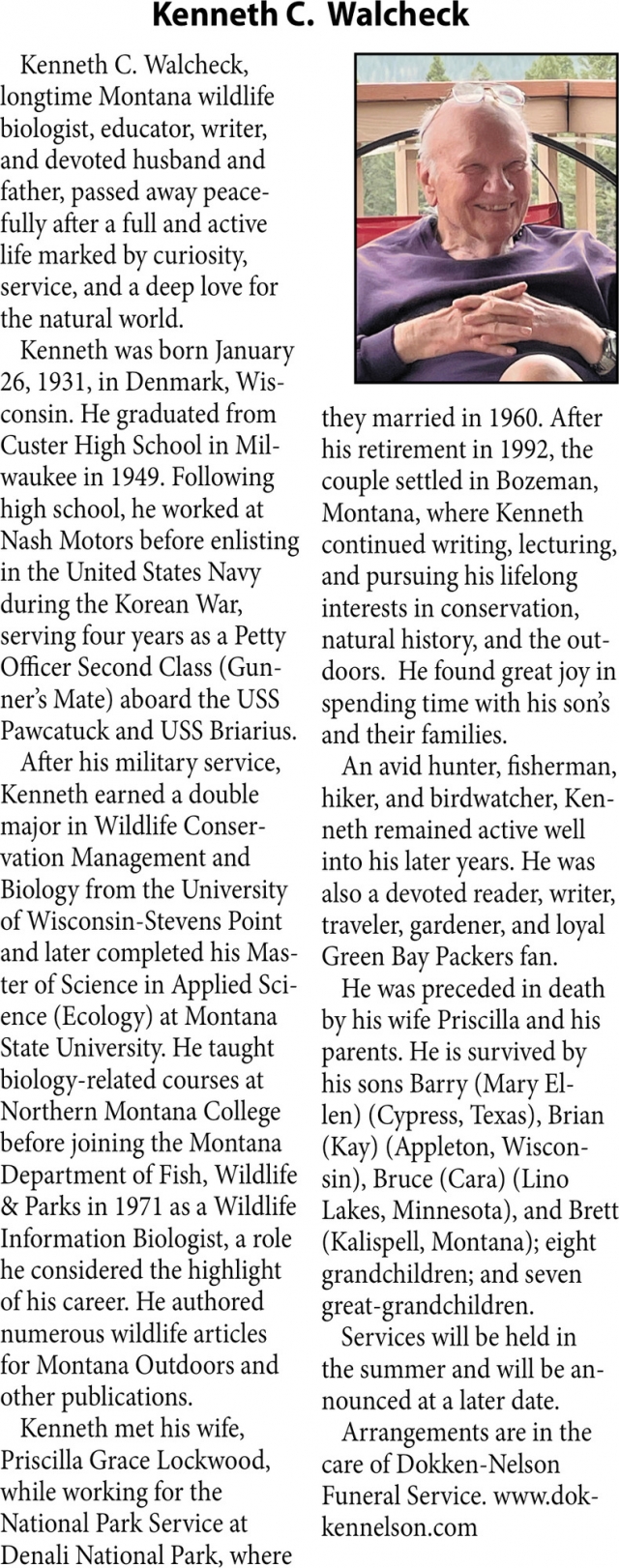 Kenneth C. Walcheck, Obituaries, Glendive, MT