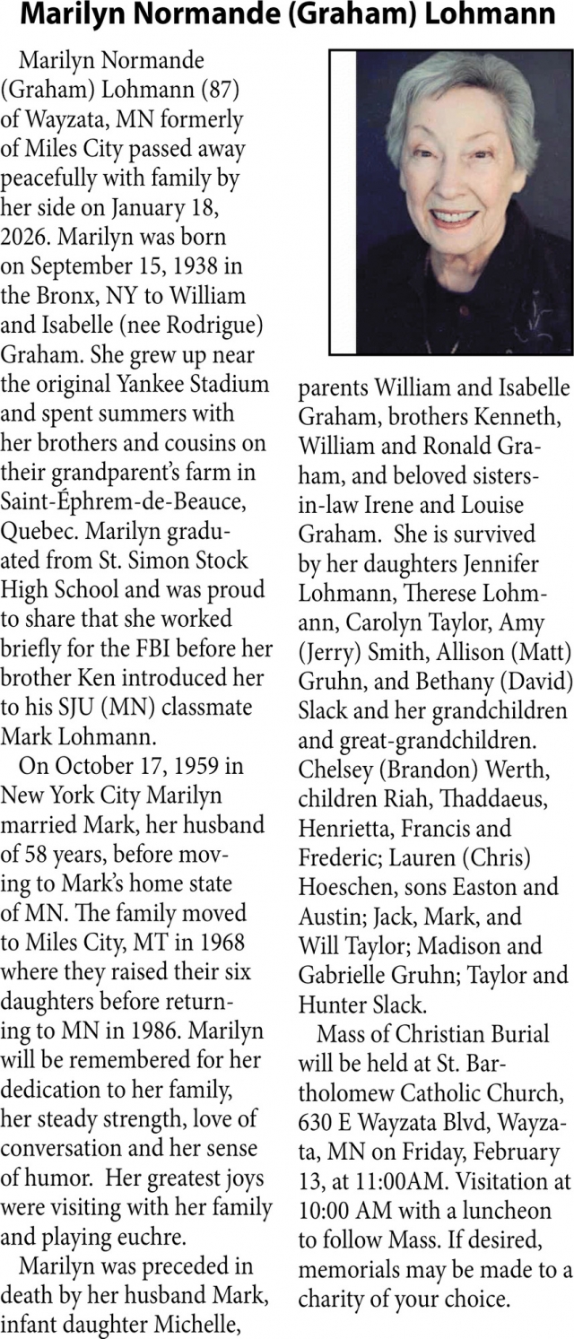 Marilyn Normande Lohmann, Obituaries, Glendive, MT