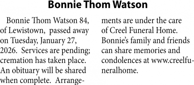 Bonnie Thom Watson, Obituaries, Glendive, MT