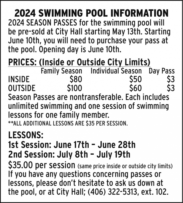 2024 Swimming Pool Information, City of Columbus, Columbus, MT