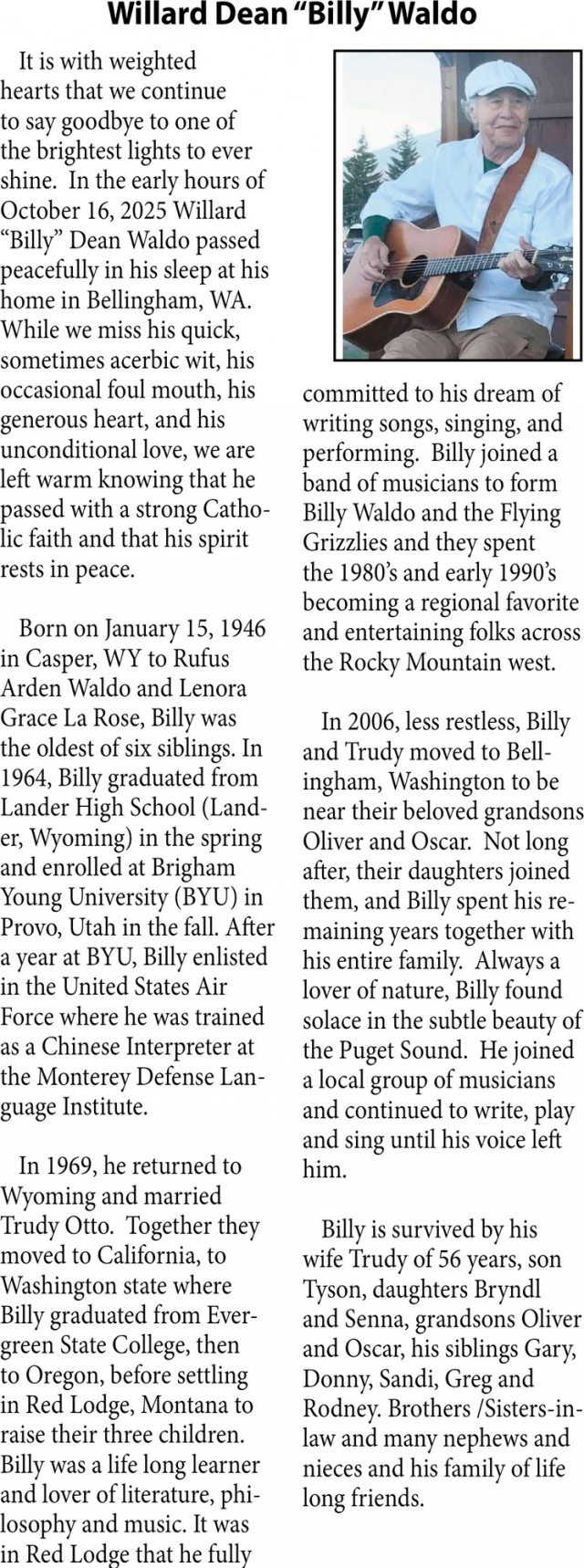 Willard Dean Waldo, Obituaries, Glendive, MT