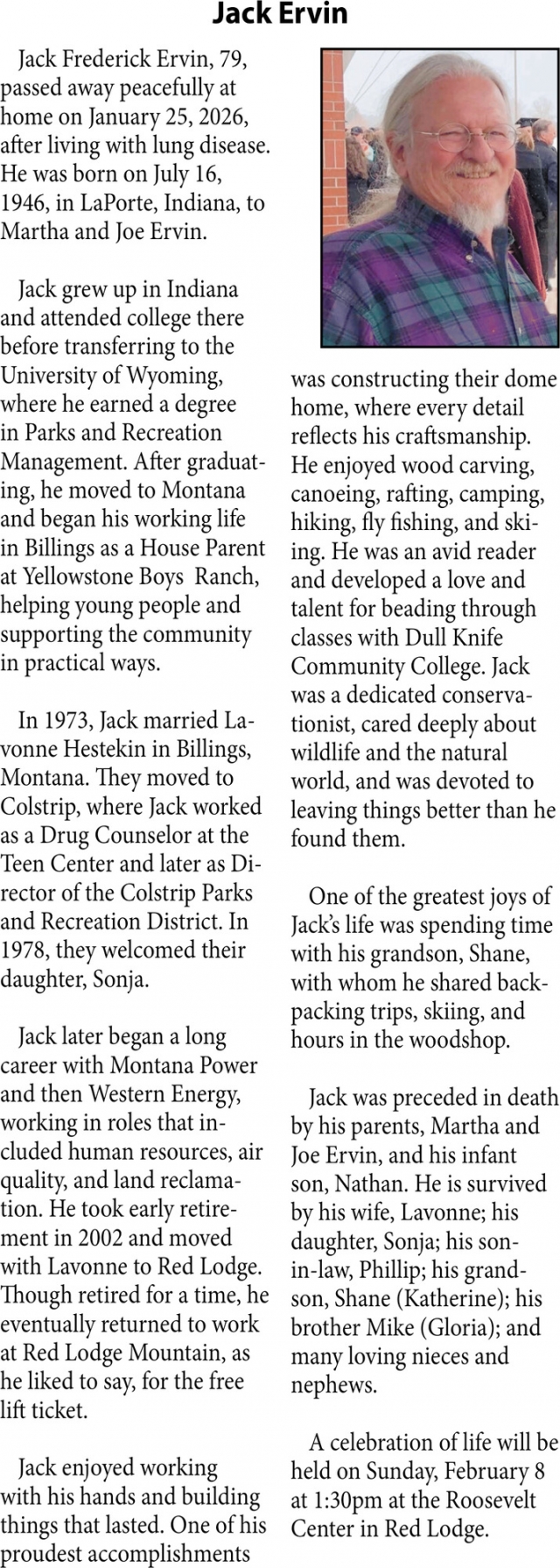 Jack Ervin, Obituaries, Glendive, MT