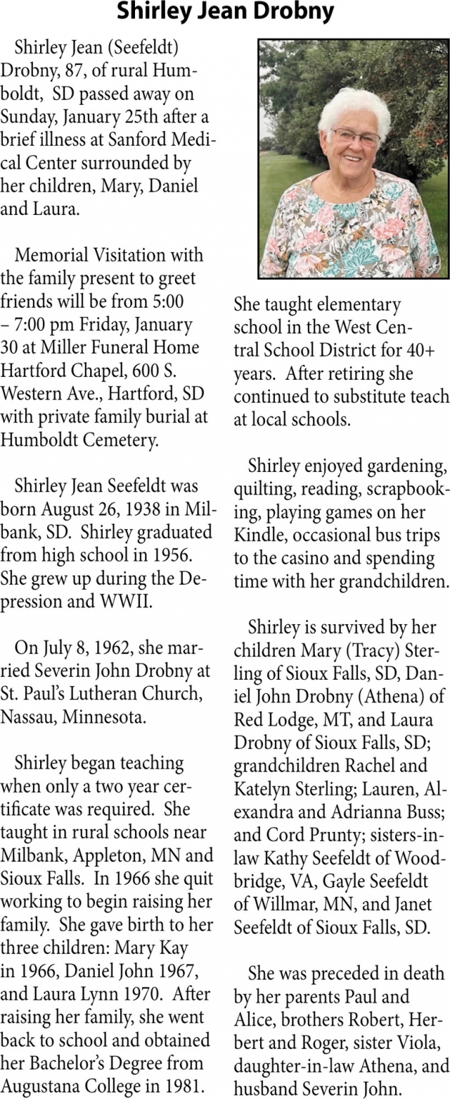 Shirley Jean Drobny, Obituaries, Glendive, MT
