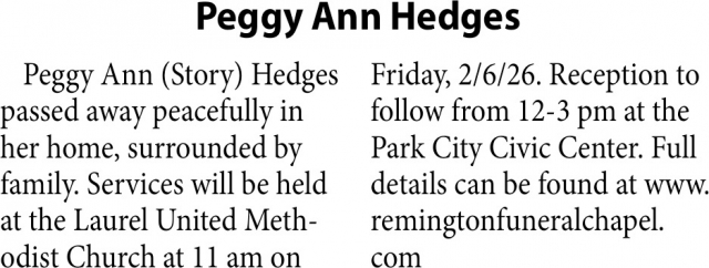 Peggy Ann Hedges, Obituaries, Glendive, MT