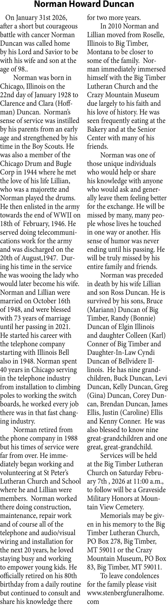 Norman Howard Duncan, Obituaries, Glendive, MT