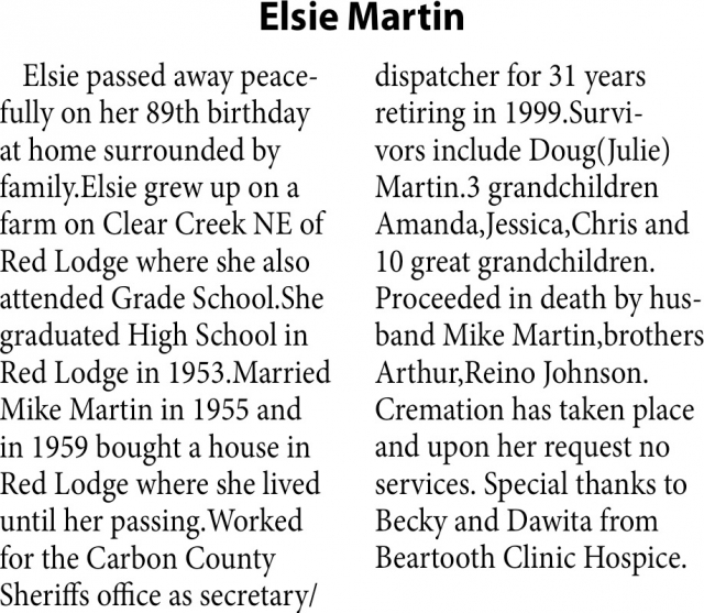 Elsie Martin, Obituaries, Glendive, MT