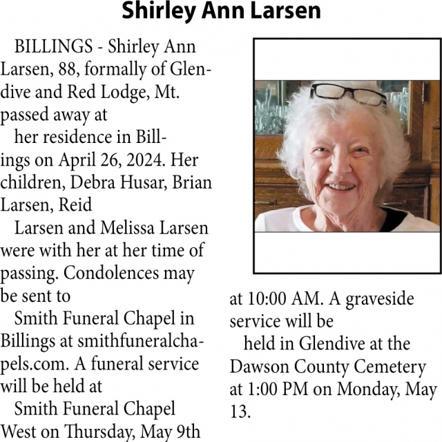 Shirley Ann Larsen, Obituaries, Glendive, MT