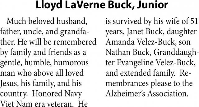 Lloyd LaVerne Buck, Junior, Obituaries, Glendive, MT