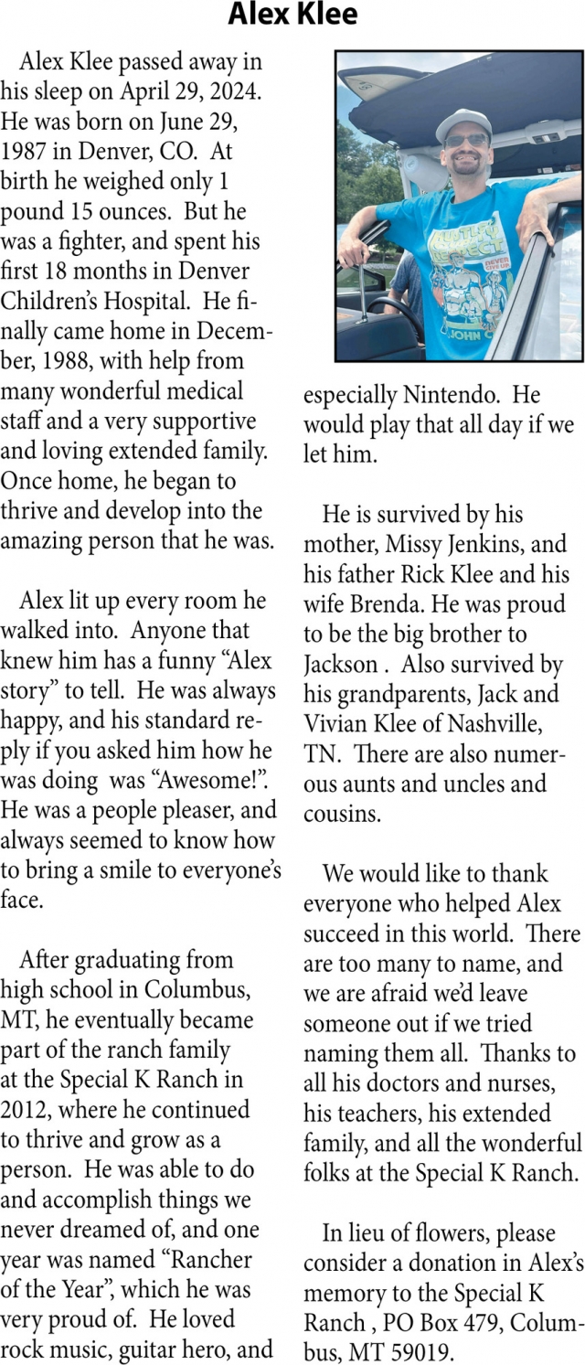Alex Klee, Obituaries, Glendive, MT