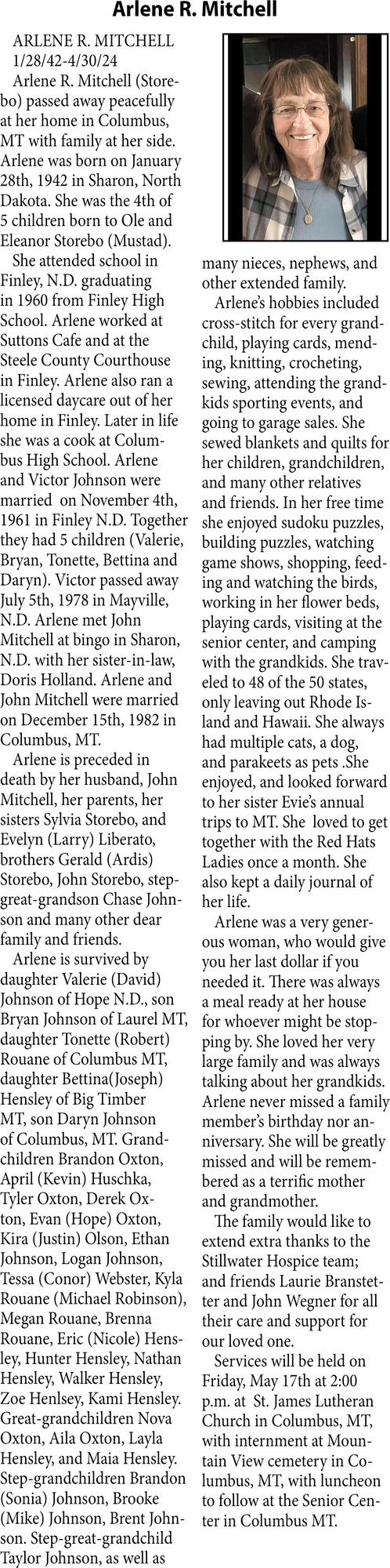 Arlene R. Mitchell, Obituaries, Glendive, MT