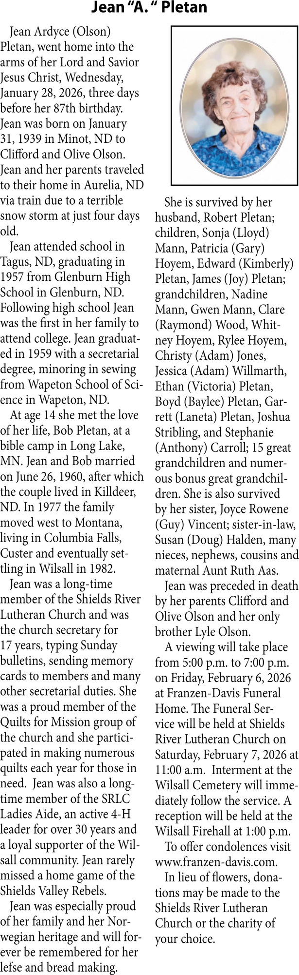 Jean Pletan, Obituaries, Glendive, MT
