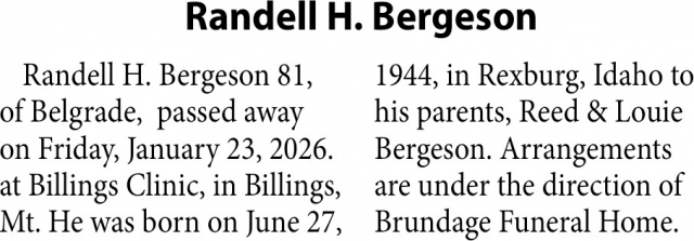 Randell H. Bergeson, Obituaries, Glendive, MT