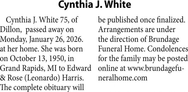 Cynthia J. White, Obituaries, Glendive, MT