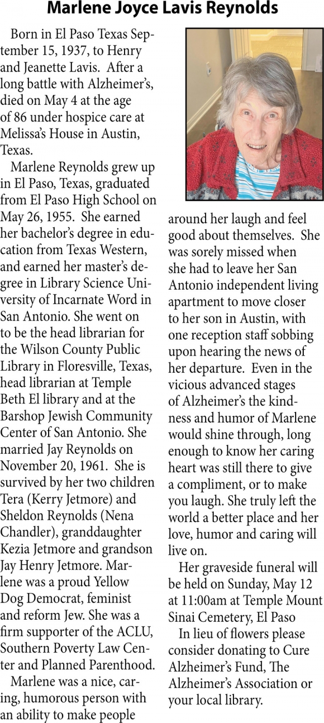 Marlene Joyce Lavis Reynolds, Obituaries, Glendive, MT