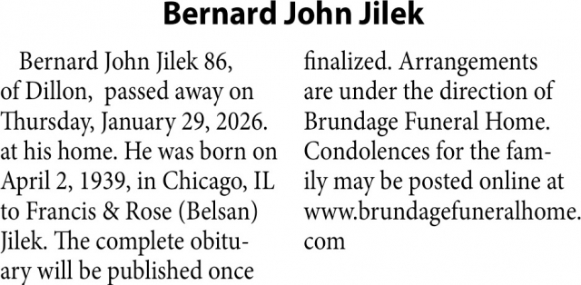 Bernard John Jilek, Obituaries, Glendive, MT
