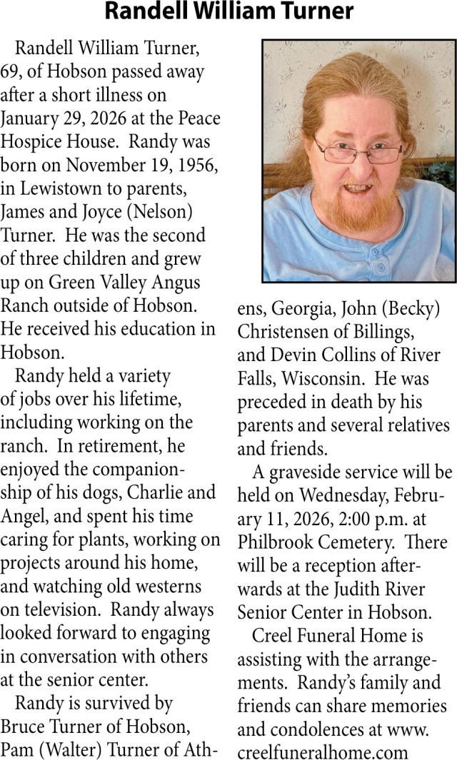 Randell William Turner, Obituaries, Glendive, MT