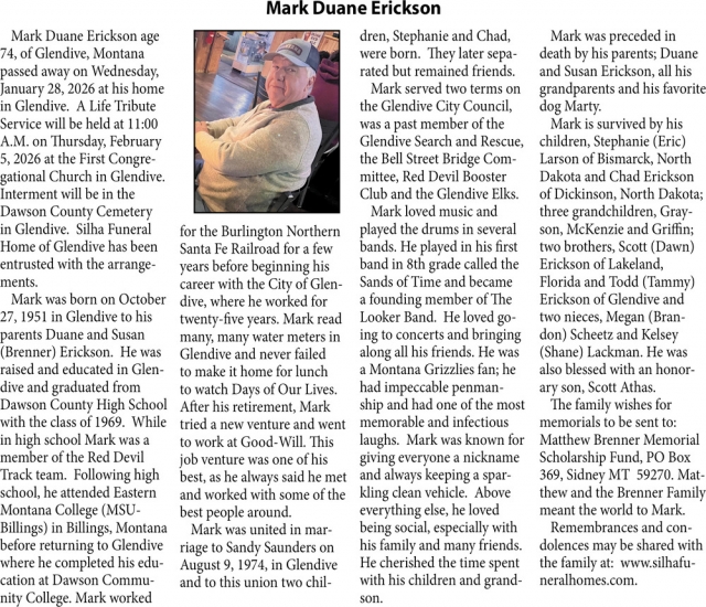 Mark Duane Erickson, Obituaries, Glendive, MT
