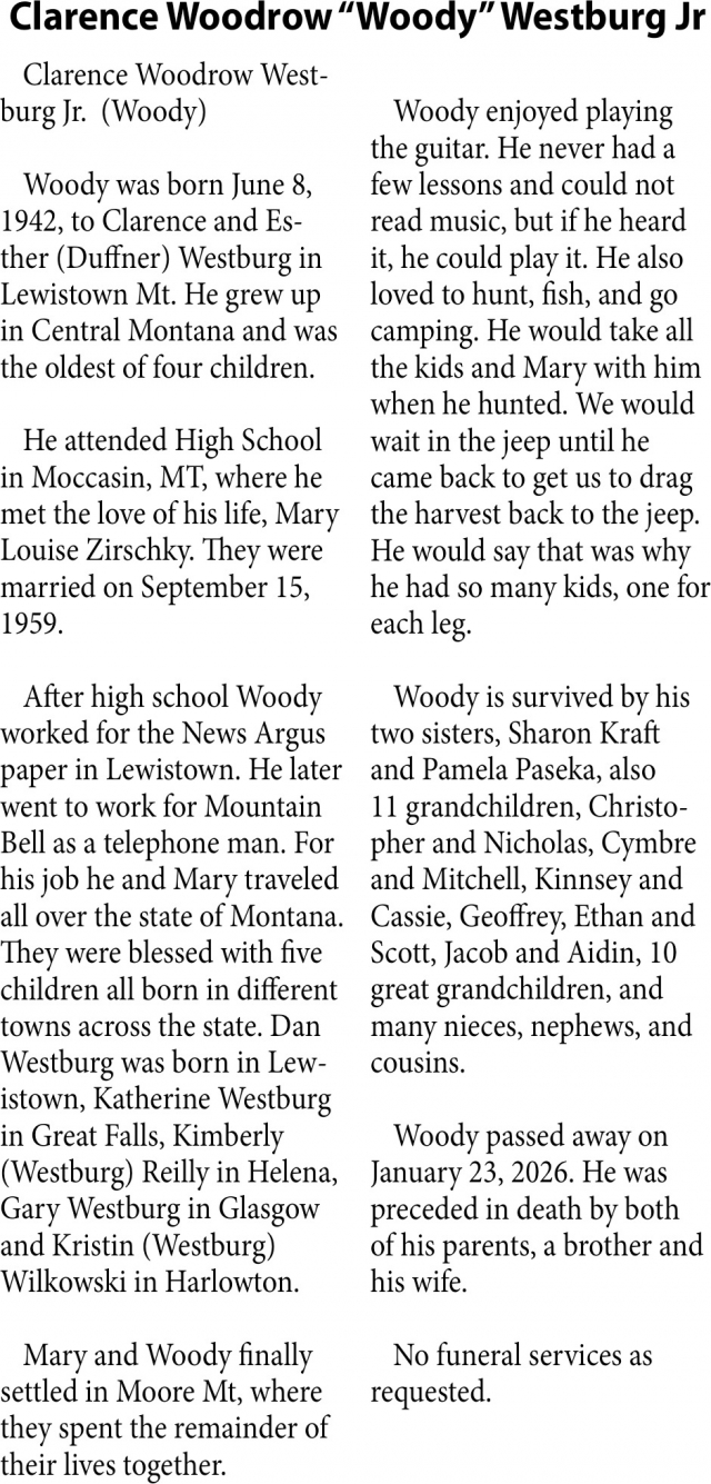Clarence Woodrow Westburg Jr, Obituaries, Glendive, MT