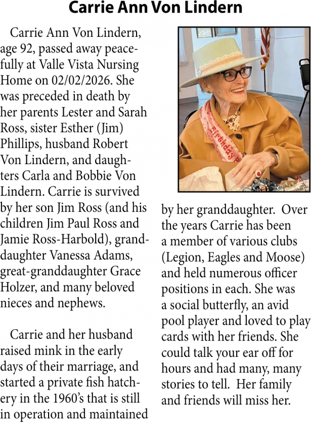 Carrie Ann Von Lindern, Obituaries, Glendive, MT