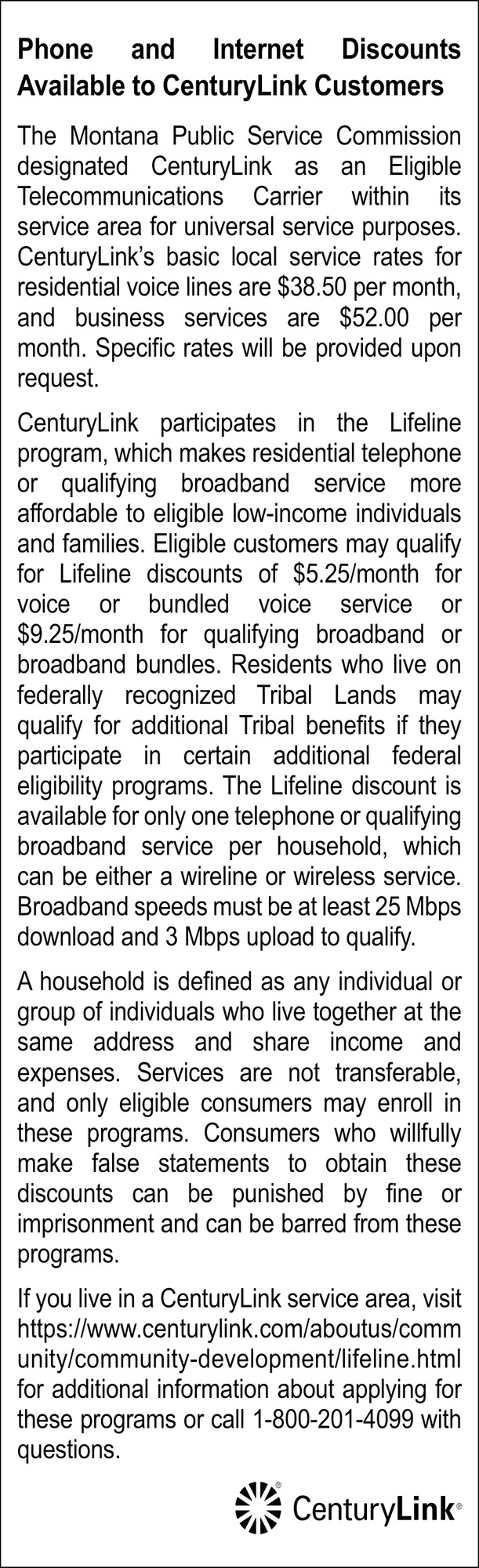 Phone and Internet Discounts Available, CenturyLink