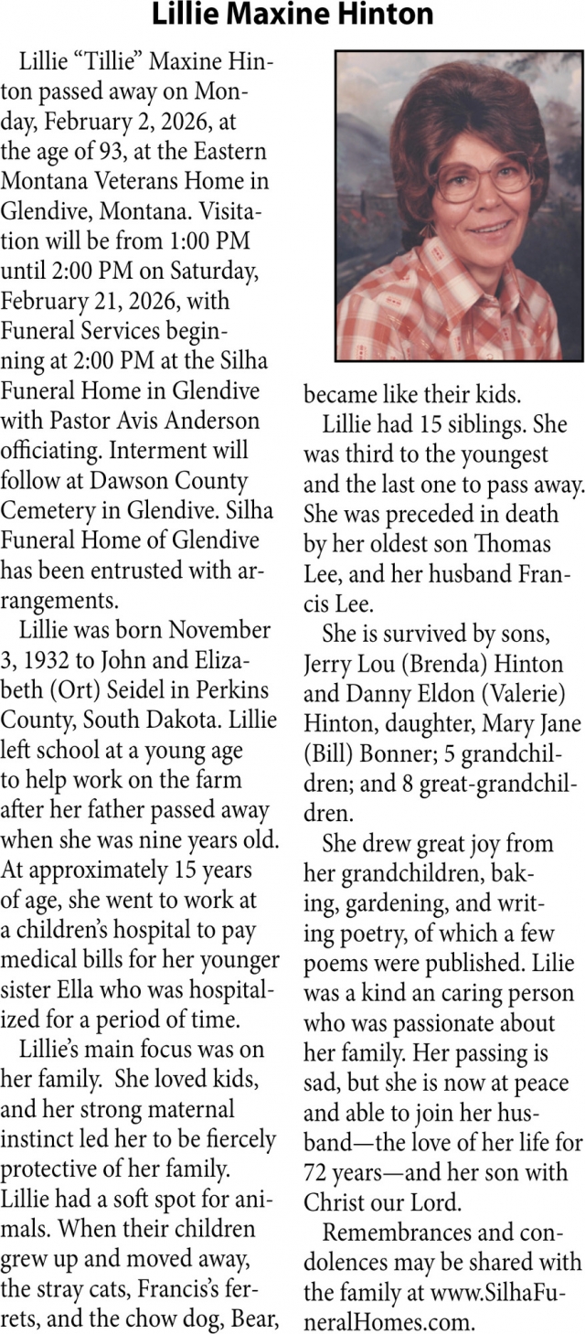 Lillie Maxine Hinton, Obituaries, Glendive, MT