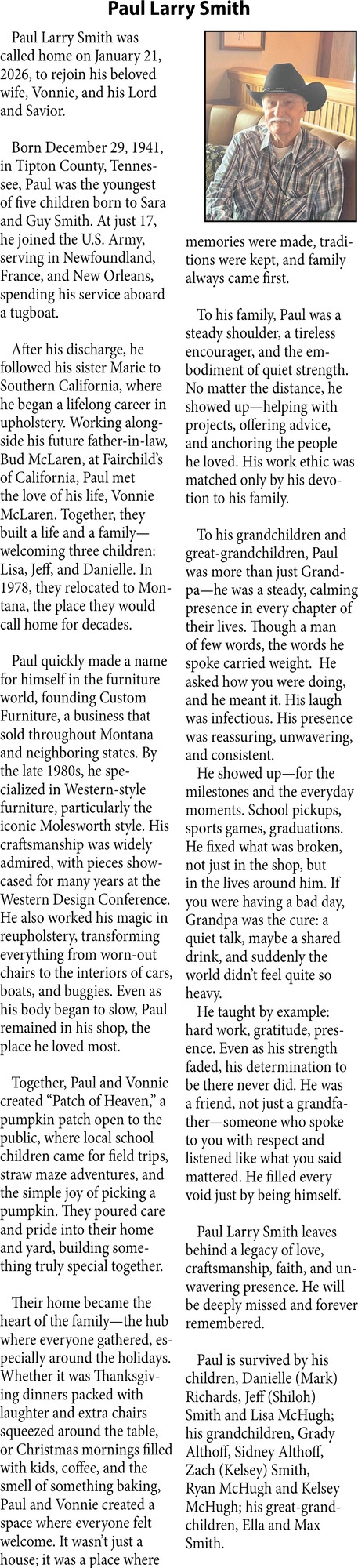 Paul Larry Smith, Obituaries, Glendive, MT