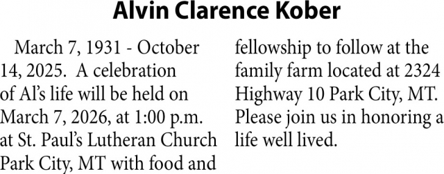 Alvin Clarence Kober, Obituaries, Glendive, MT