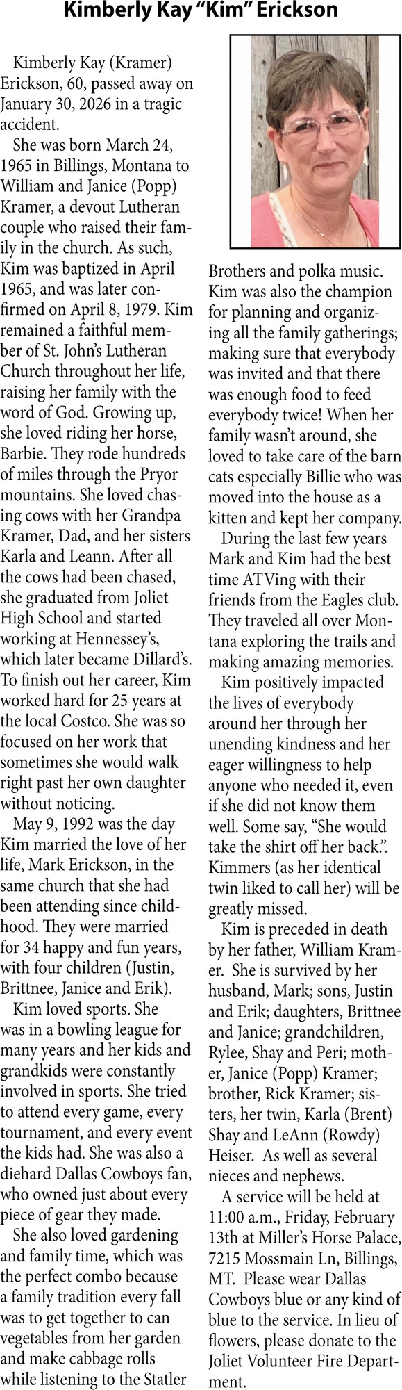 Kimberly Kay Erickson, Obituaries, Glendive, MT