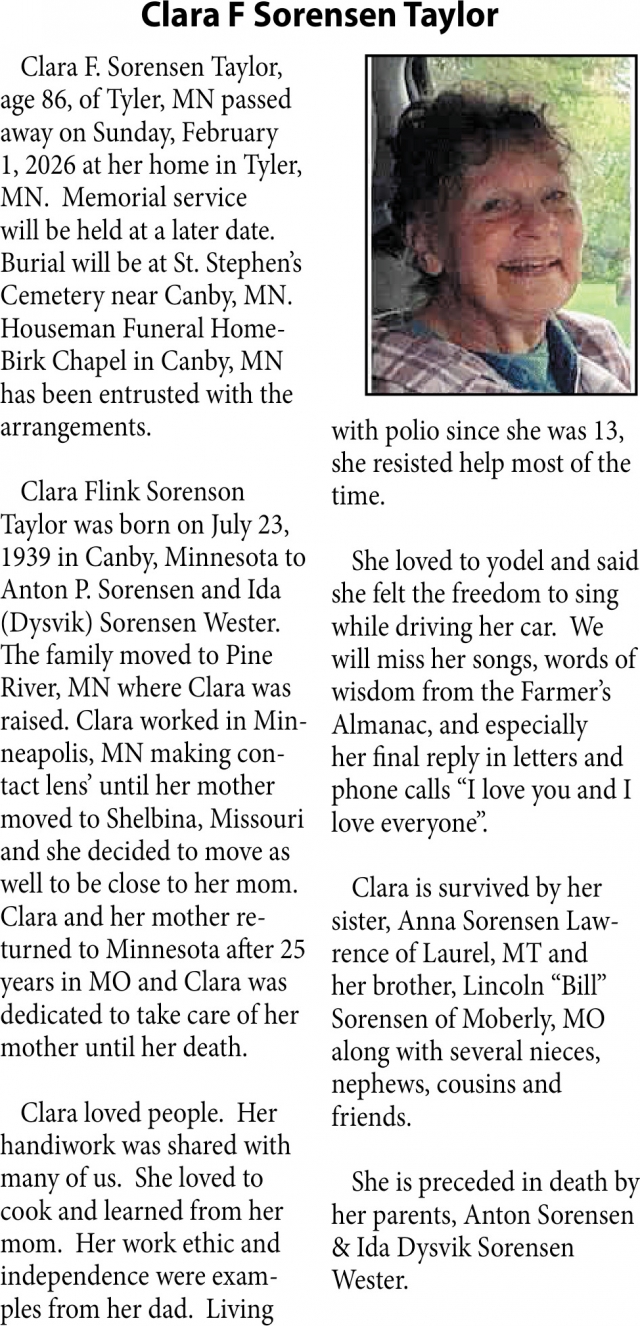 Clara F Sorensen Taylor, Obituaries, Glendive, MT