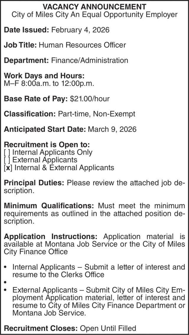 Human Resources Officer, City of Miles