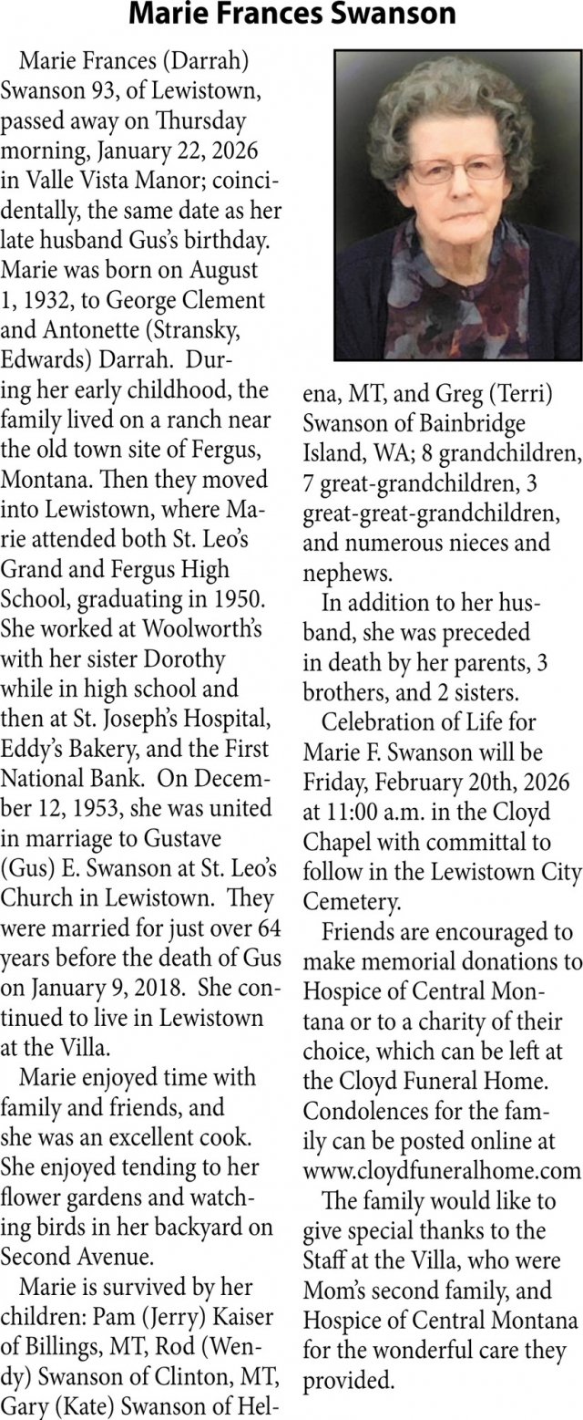 Marie Frances Swanson, Obituaries, Glendive, MT
