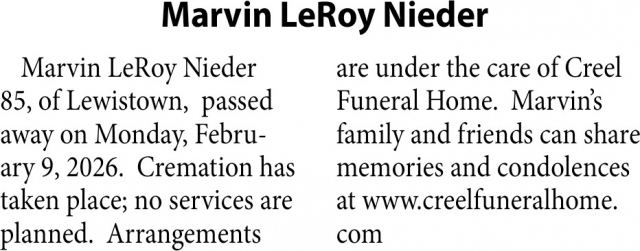 Marvin LeRoy Nieder, Obituaries, Glendive, MT