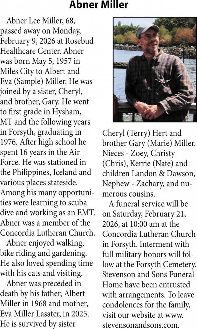 Abner Miller, Obituaries, Glendive, MT