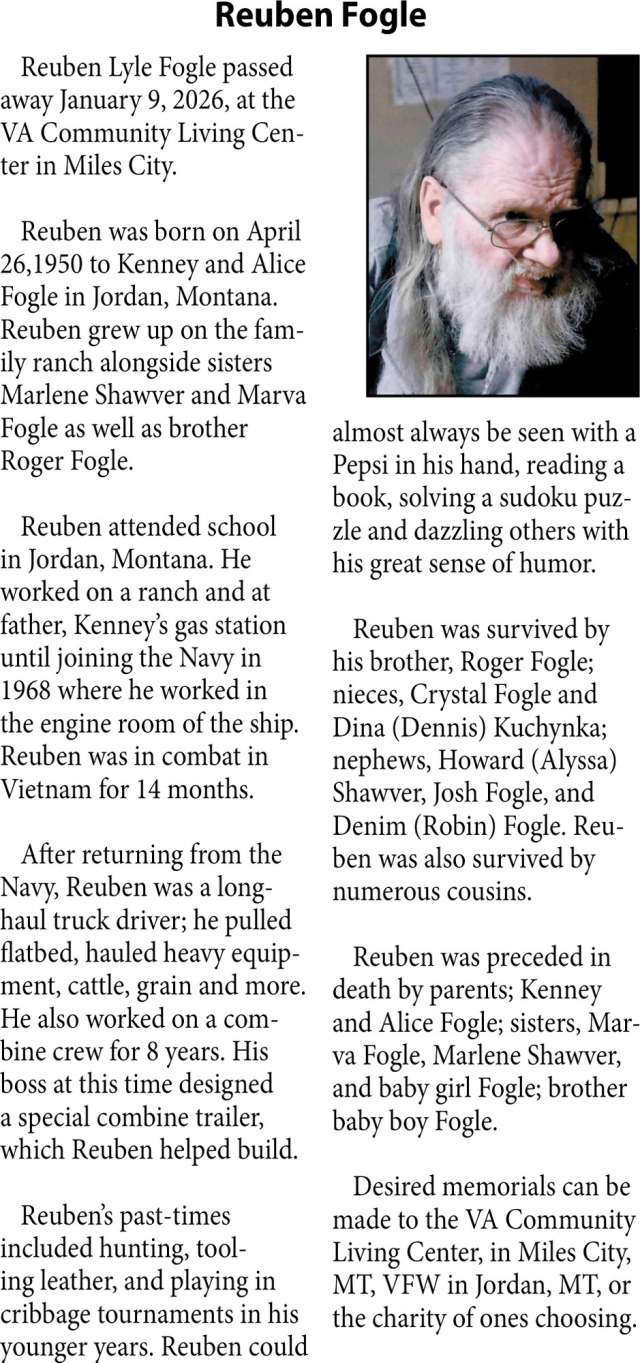 Reuben Fogle, Obituaries, Glendive, MT