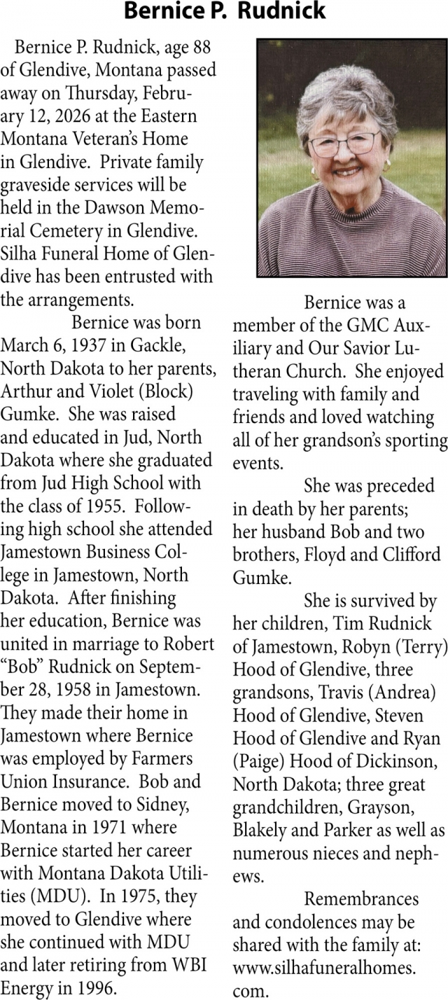 Bernice P. Rudnick, Obituaries, Glendive, MT