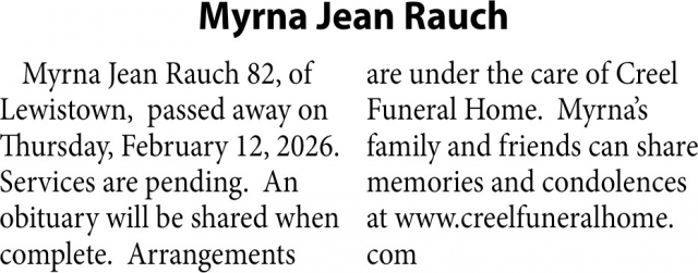 Myrna Jean Rauch, Obituaries, Glendive, MT