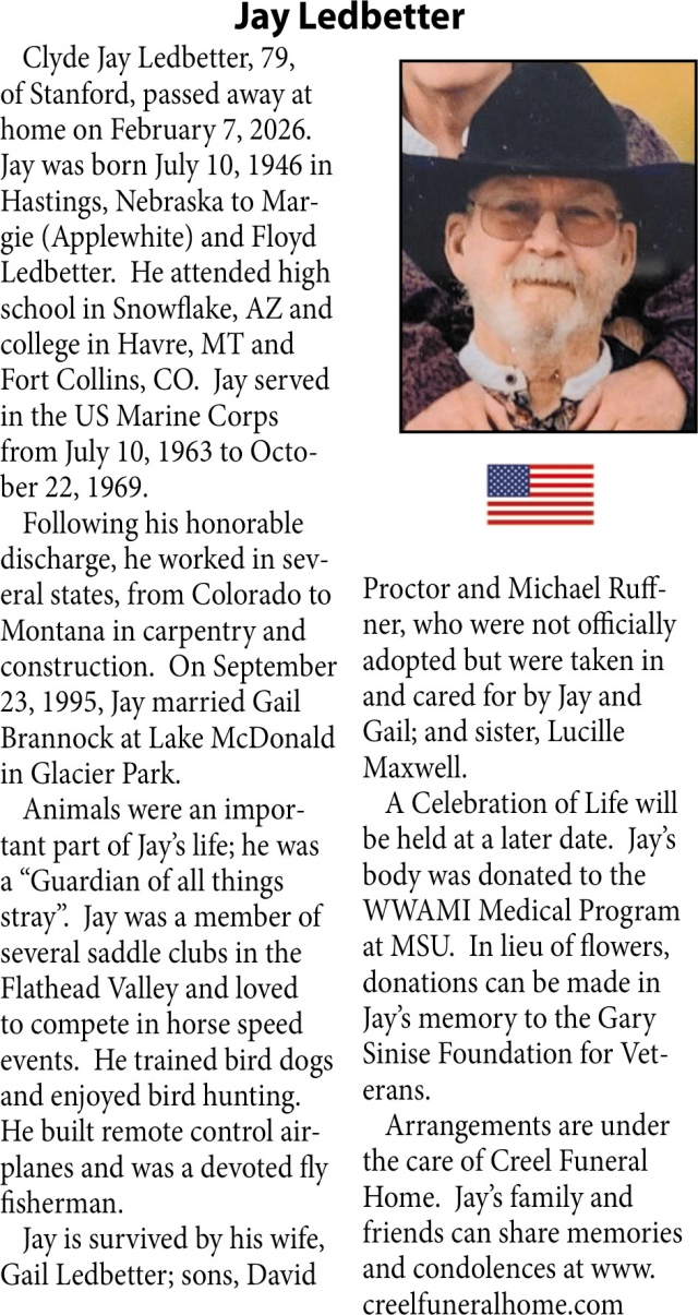 Jay Ledbetter, Obituaries, Glendive, MT