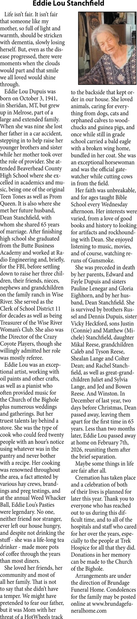 Eddie Lou Stanchfield, Obituaries, Glendive, MT