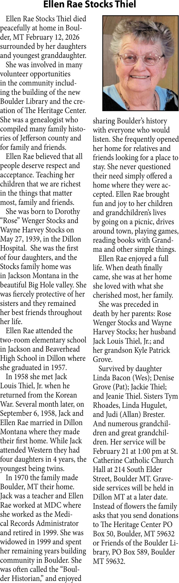 Ellen Rae Stocks Thiel, Obituaries, Glendive, MT
