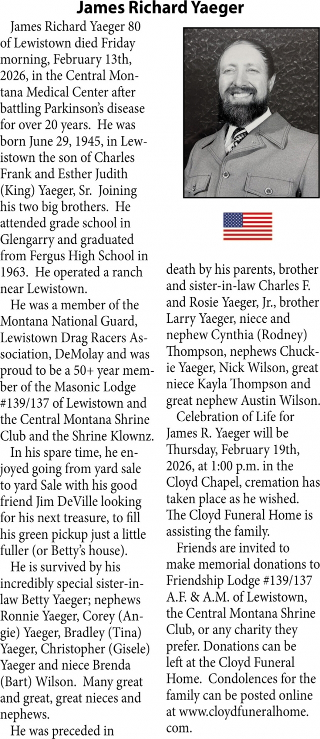 James Richard Yaeger, Obituaries, Glendive, MT